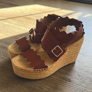 Authentic Chloe Leather Scalloped Accent Espadrille wedge platform heels, 39